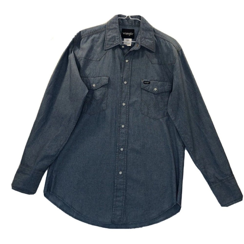 WRANGLER Chambray Shirt Men's Size Medium Pearl Snap Long Sleeve Western Blue